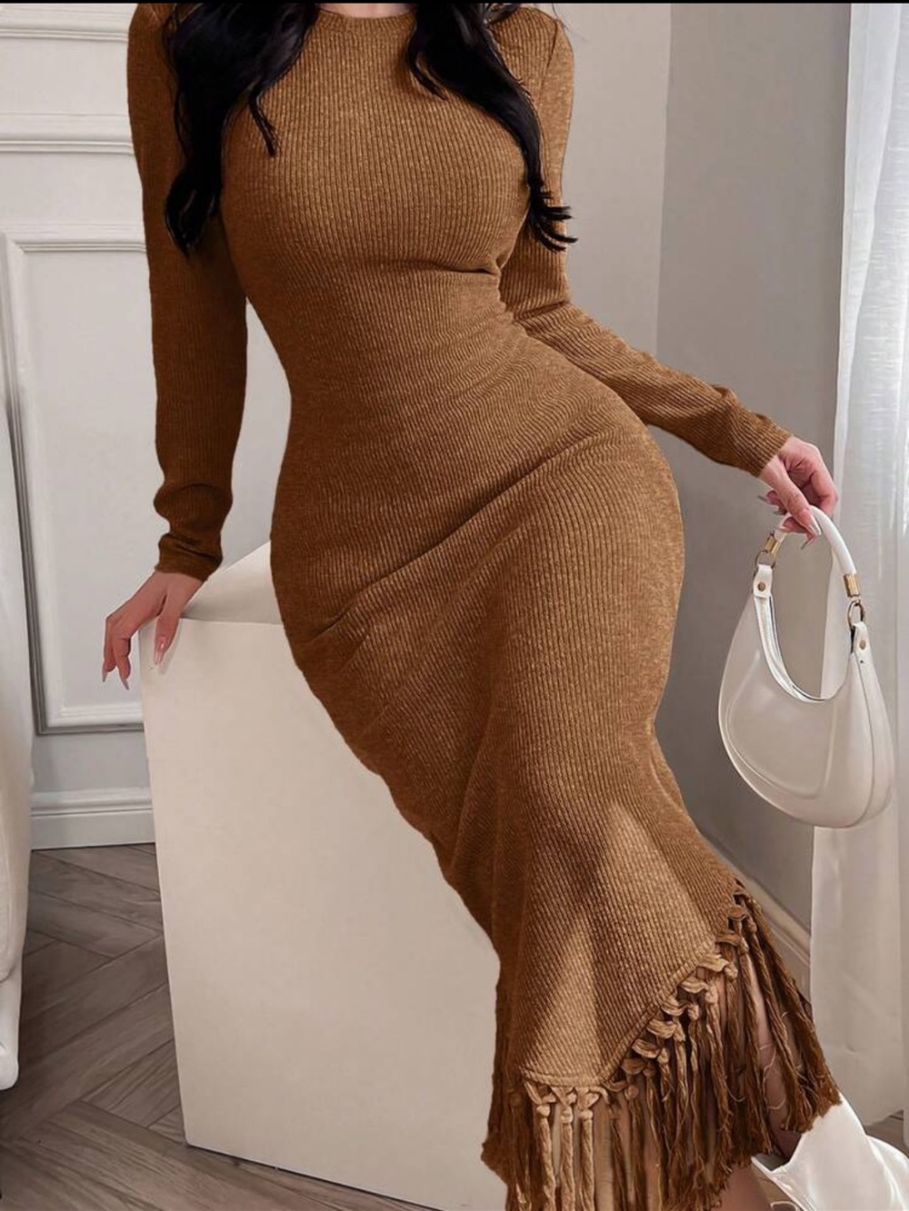 New without tags - Long Sleeve Ribbed Fringe Hem Dress - Brown